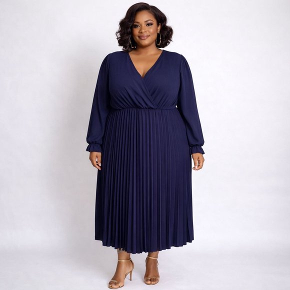 KOJOOIN Dresses & Skirts - KOJOOIN Navy Long Sleeve Pleated Dress 4X